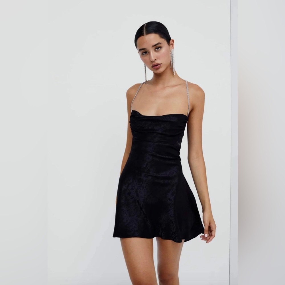 NWT For Love & Lemons Gabrielle Mini Slip Dress Rhinestone Straps Sz M